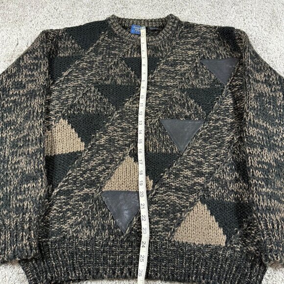 Vintage Cambridge Classics Mervyns Chunky Knit Sweater Mens M Leather Triangles - Picture 4 of 7